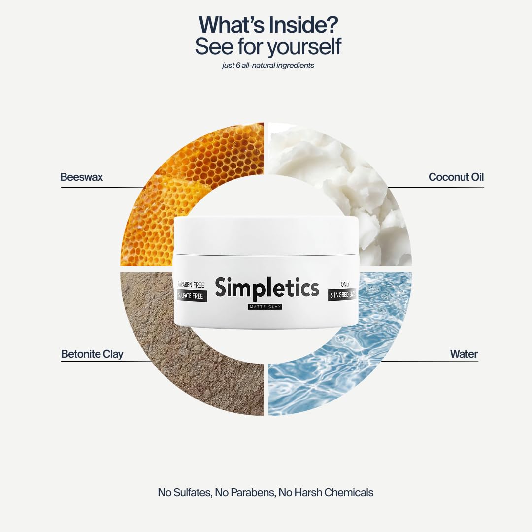 Simpletics Hair Clay for Men (Vanilla Scent) – Natural 6 Ingredient Matte Styling Clay with Beeswax & Coconut Oil – Strong Hold, Water Based, Non-Greasy – Adds Texture & Volume – 2oz