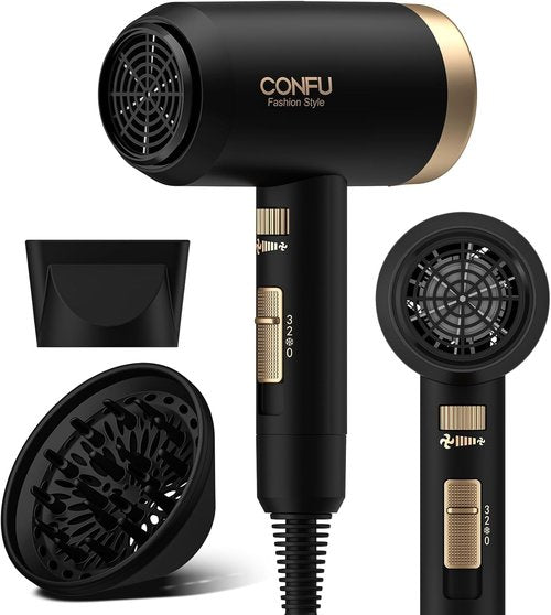 CONFU Ionic Blow Dryer 1600W, Portable Lightweight Fast Drying Negative Ion Hairdryer Blowdryer, 3 Heat Settings & Infinity Speed, with Diffuser and Concentrator Nozzle for Home & Travel