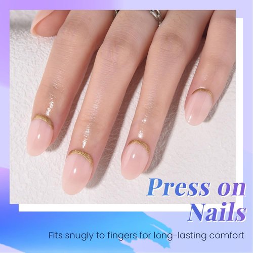 Evpct Nude Pink French Press-On Nails | Short Oval Design with Gold Foil Accents | Reusable Soft Gel Kit