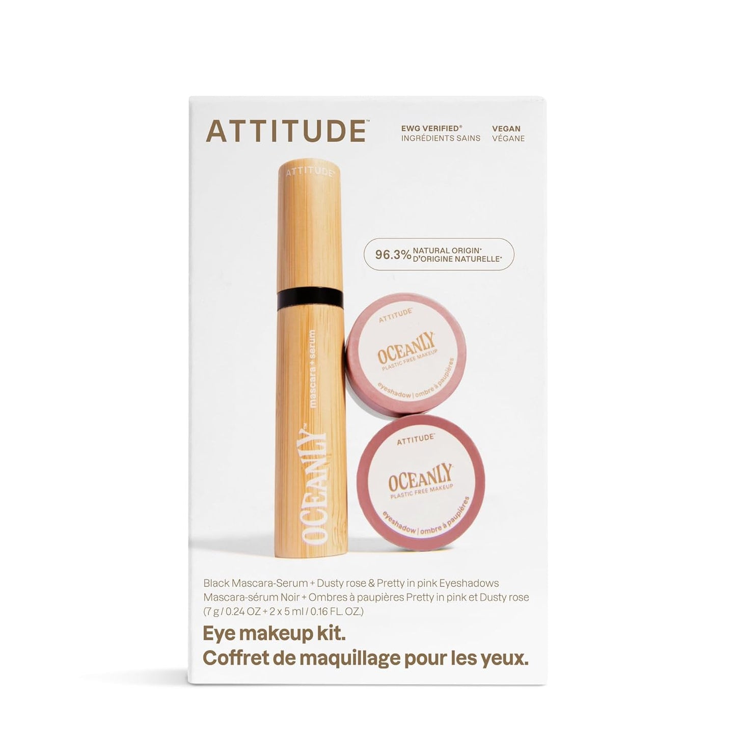 ATTITUDE Oceanly Pink Makeup Set - EWG Verified Eyeshadow & Lash Serum Mascara | Vegan Beauty, 3-Piece Set