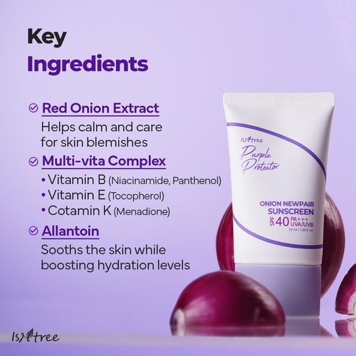 ISNTREE Onion Newpair Sunscreen - Hydrating SPF 40 Sun Protector | 50ml | Evens Skin Tone | Purple Formula