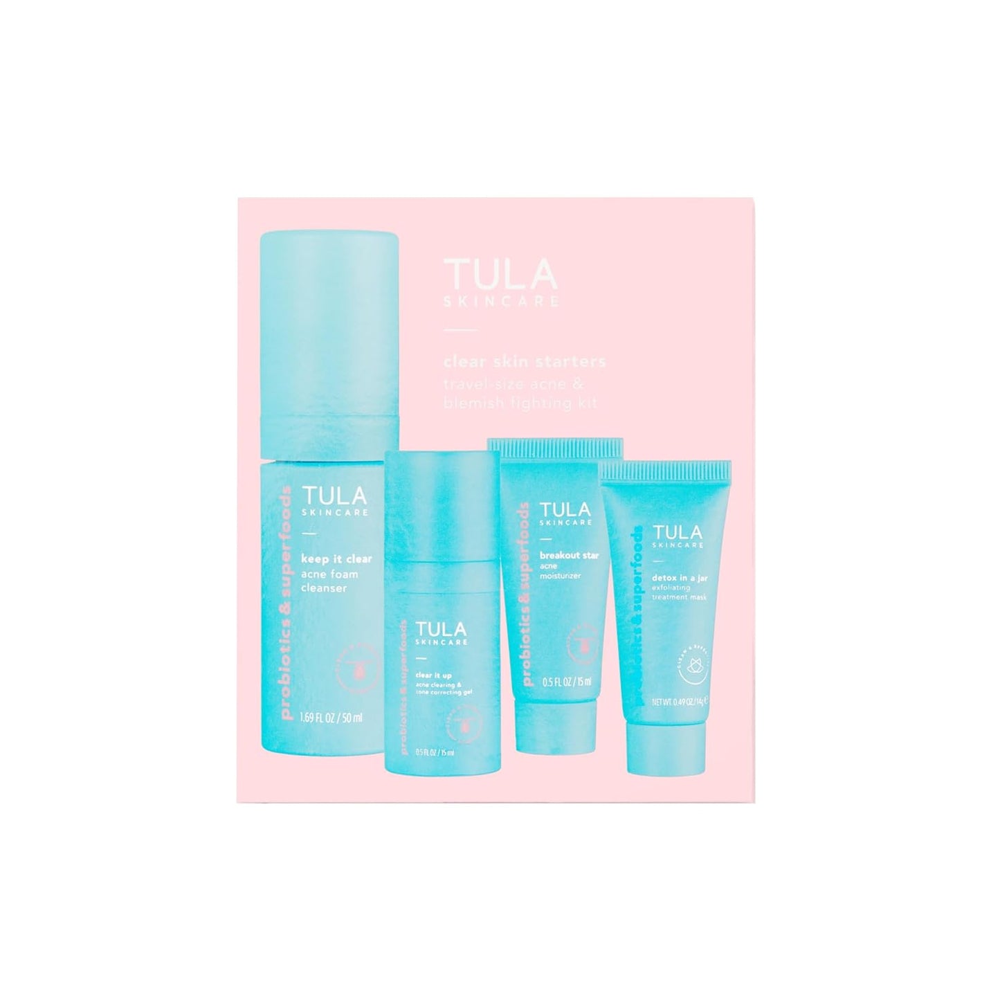TULA Skin Care Clear Skin Starter Kit | Acne & Blemish Treatment - 4-Piece Foam Cleanser, Gel, Moisturizer & Mask