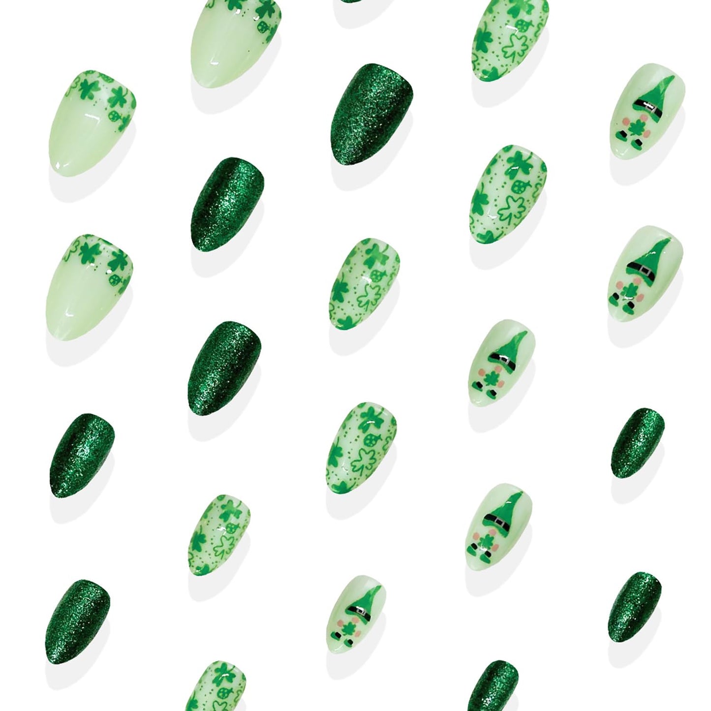 24Pcs St Patrick's Day Press on Nails Short Square Gold French Tip Fake Nails with Gold Rhinestones Horseshoe Rainbow Shamrocks False Nails St Patricks Day Acrylic Nails Irish Stick on Nails for Women
