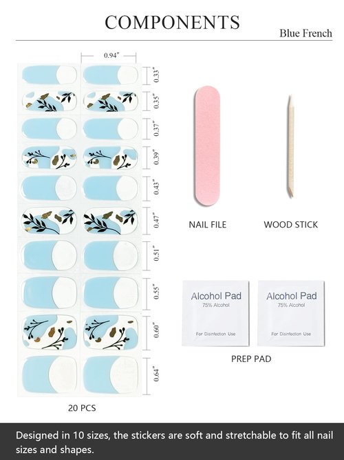 AutyaMee Semi Cured Gel Nail Strips (Blue French), Painted Flowers, 20 Pcs Gel Nail Wraps, Stickers, UV Light Required, Salon Quality, Long Lasting