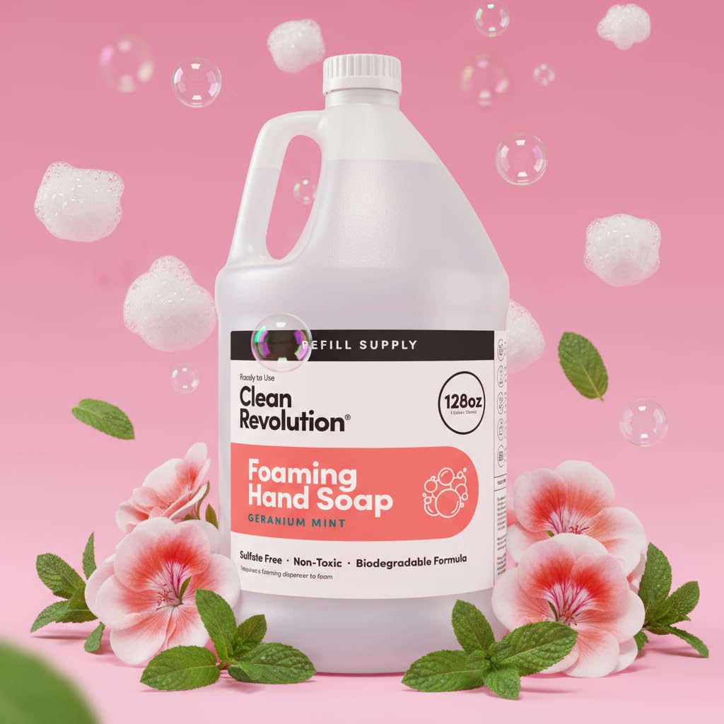 Clean Revolution Foaming Hand Soap - Gentle & Moisturizing Formula with Real Essential Oils | Geranium Mint, 128 Fl Oz