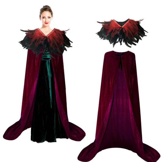 Huralona Unisex Hooded Cape Long Velvet Cloak with Natural Feather Shrug Cape Shawls (Red-Thick)