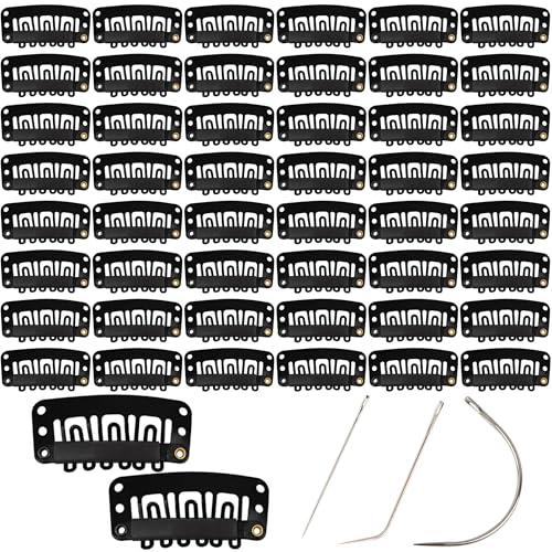 Caliee Hairpieces U Shaped Metal Stainless Steel Snap Clips for Wigs, 32mm Hair Extensions Clips 50 Pieces Snap Clips for Hair Clip ins Small Hair Clips Snap Chunni Clips with Sewing Needles Black