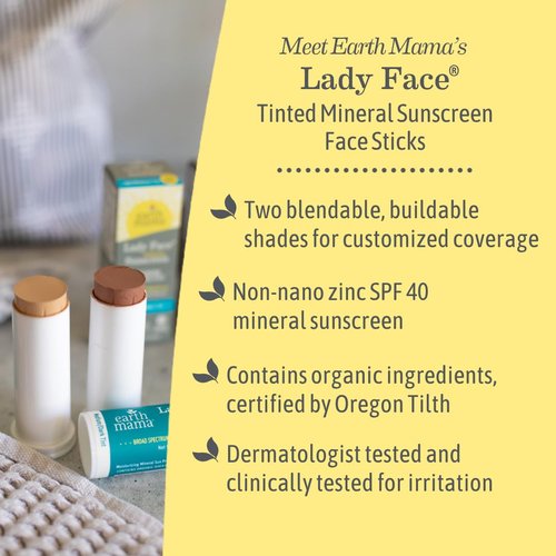 Earth Mama Lady Face® Tinted Mineral Sunscreen Stick SPF 40 - Light/Medium Tint | Organic Shea & Cocoa Butter Blend