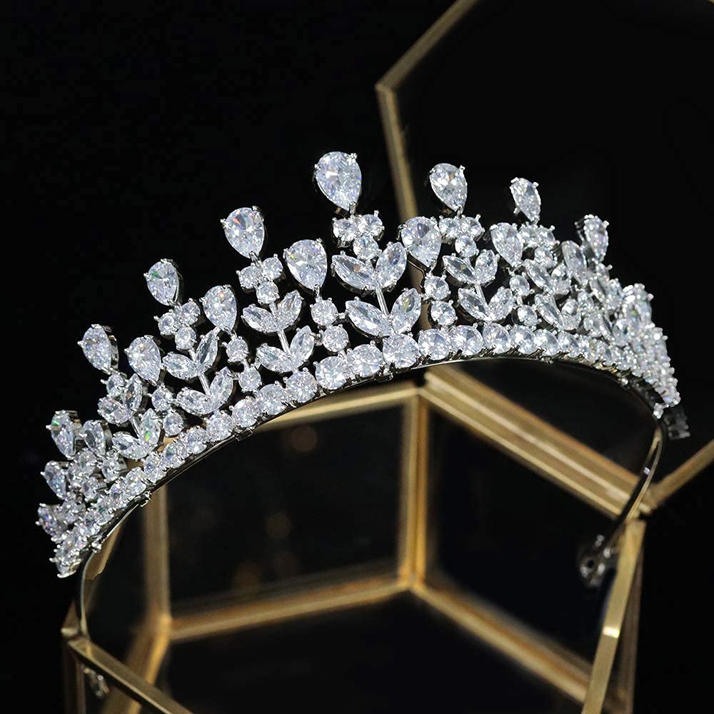 Aoligrace 5A Cubic Zirconia Wedding Tiaras and Crown for Women Small Bride Floral Headpiece Sweet 16 Quinceanera Hair Jewelry