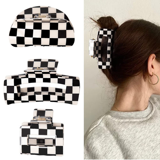 Vintage Checkered Hair Barrettes by Y2K - Aesthetic 3-Piece Claw Clip Set for Women & Girls