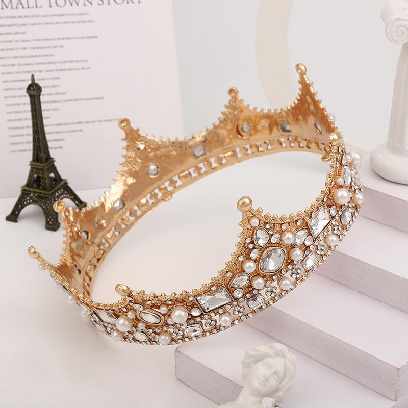 King Crystal Wedding Tiara Vintage Rhinestone Crown Hair Bands For Men Birthday Prom Pageant Hair Accessories (Gold With White Stone)