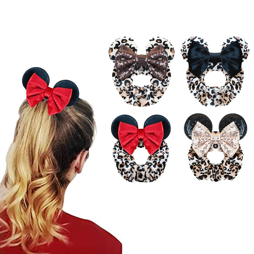 JIAHANG Velvet Cheeath Mouse Ear Hair Scrunchies, Leopard Print Costume Sequins Bow Ponytail Holder Elastic Hair Tie 4 Pack for Girls Women (leopard set)