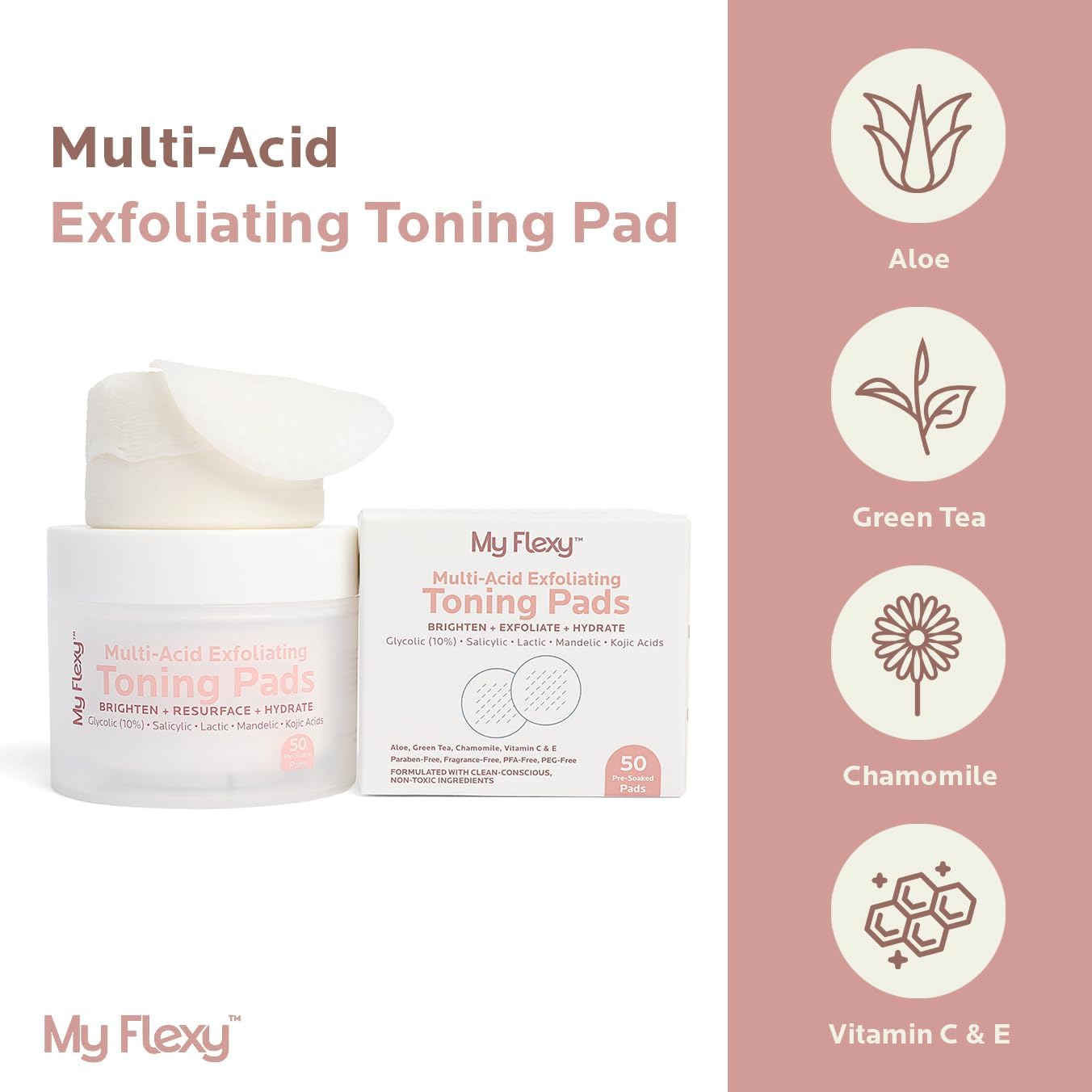Skiennix Toning & Exfoliating Face Pads - Clear Pores, Brighten Skin & Fade Dark Spots - 50 Count