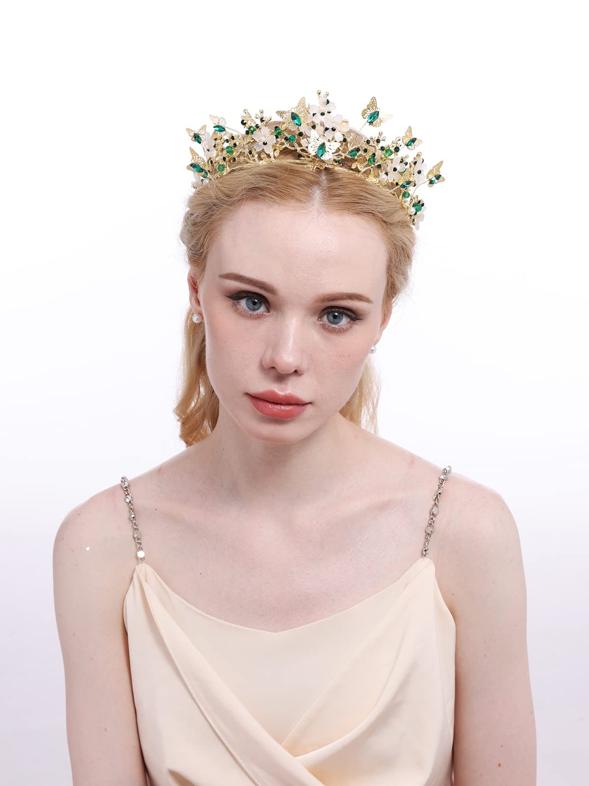 Brihasory Butterfly Queen Birthday Crowns Gold Tiaras for Bride, Crystal Royal Princess Wedding Rhinestone Headband, Costmue Party Christmas Halloween Black Prom Headpiece for Women and Girls (Green)