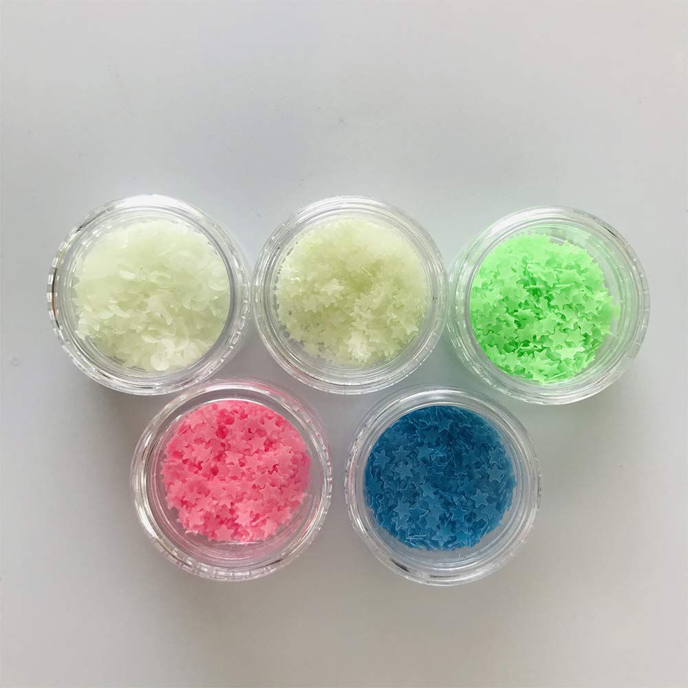 PrettyG 5 Boxes Set Luminous Star Nail Art Glitter Glow in The Dark 3D Sparky Star Shape Glitter Stickers for Resin DIY Making Art Craft Nail Nightclub Decoration Accessories Set4