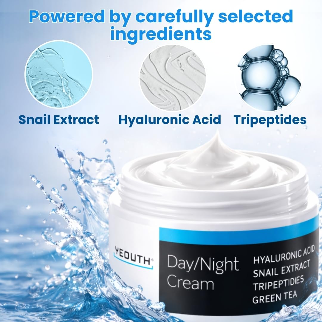 YEOUTH Day & Night Face Moisturizer - Hydrating Hyaluronic Acid & Snail Mucin Cream, 4oz