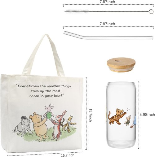 Pooh Bear Inspirational Canvas Tote Bag & 16oz Iced Glass Cup Gift Set for Friends