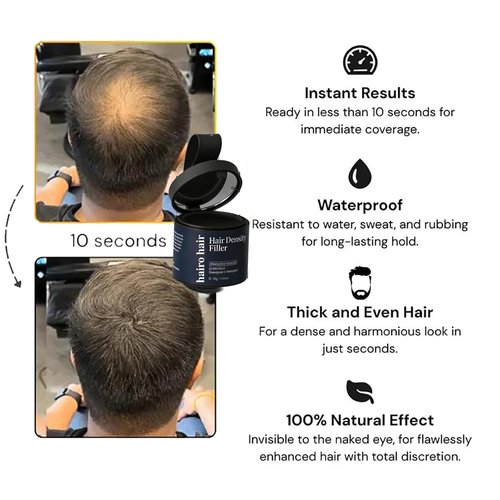 Hair Density Filler (10g/0.35oz) - Instant Gray Coverage & Bald Spot Concealer, 24-Hour Waterproof Stain-Proof Hair Powder Root Touch Up for Women & Men, Daily Use & Events (Black*1)