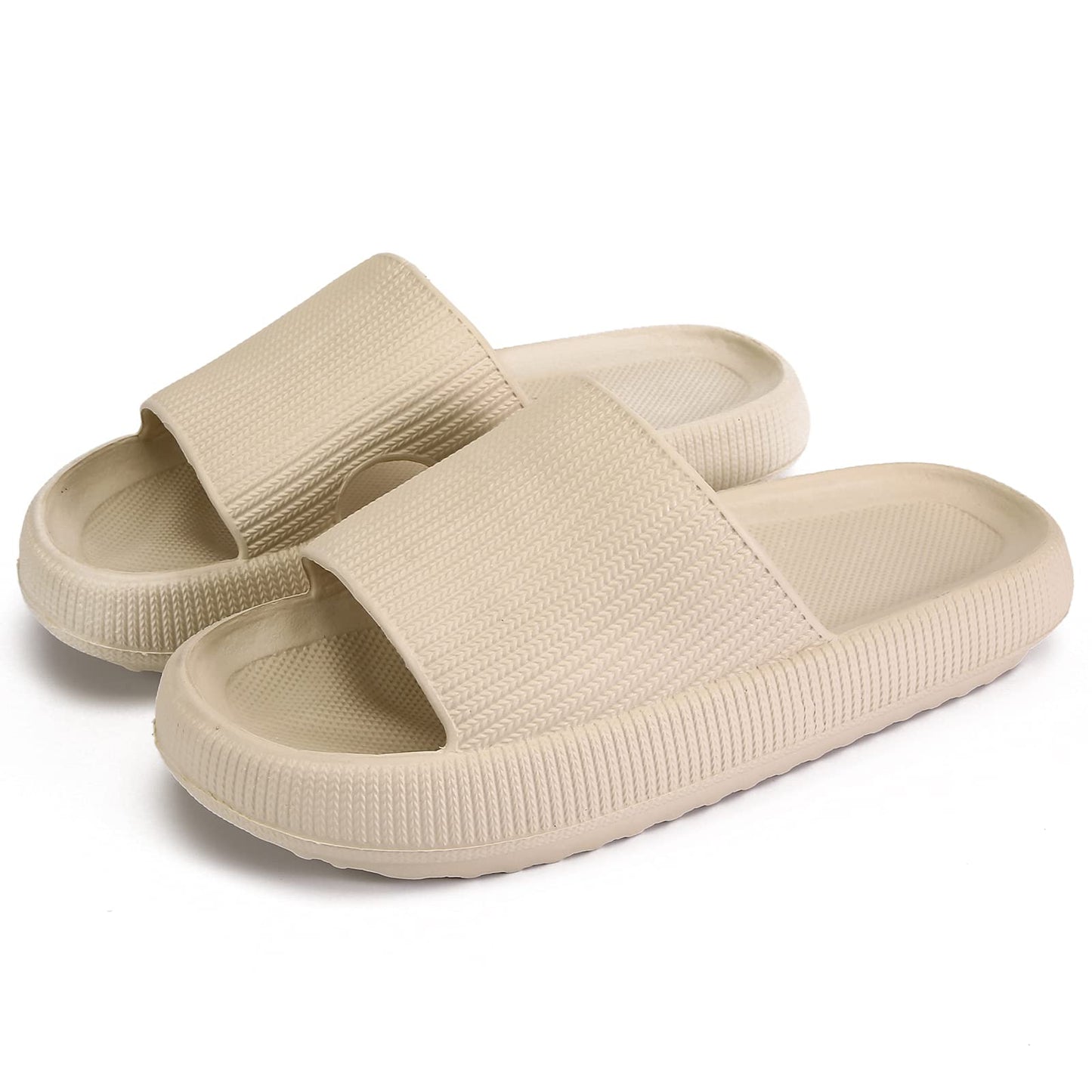 Pillow Slippers for Women, Non-Slip Massage Foam Shower Bathroom Home Floor Thick Sole Quick Drying Cloud Cushion Womens Mens Sandals, Soft Comfortable Platform Open Toe Shoes (Beige, Eur44/45)