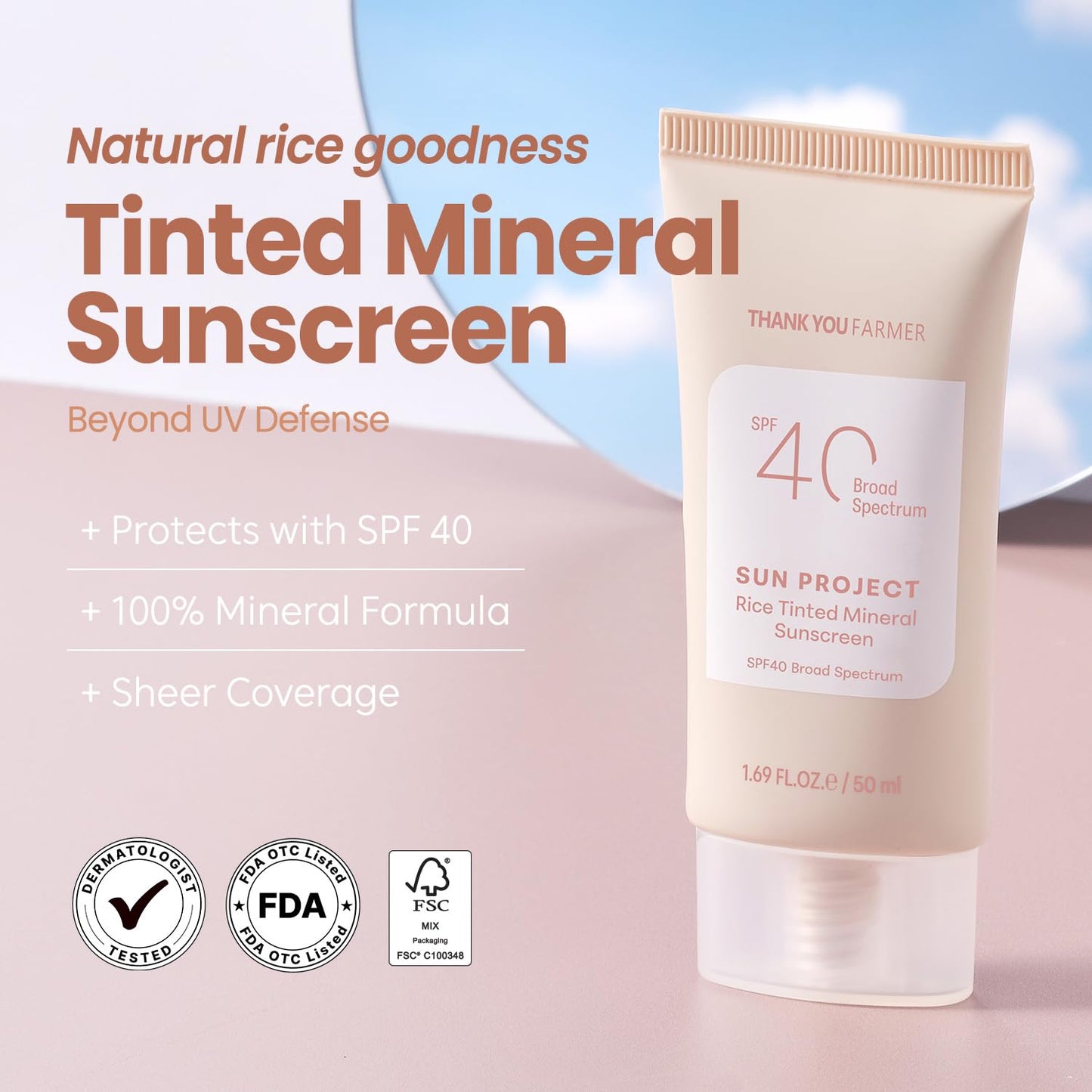 ThankYou Farmer Sun Project Rice Tinted Mineral Sunscreen SPF 40 - Korean Face Sunscreen with Zinc Oxide, No White Cast - 1.69 fl oz