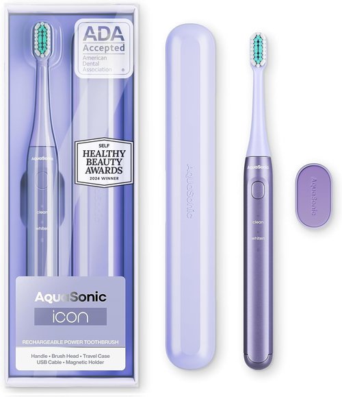 Aquasonic Rechargeable Toothbrush - ADA-Approved with Magnetic Holder & Slim Travel Case | 2 Modes & Smart Timers | Gentle Micro-Vibrations (Lilac)