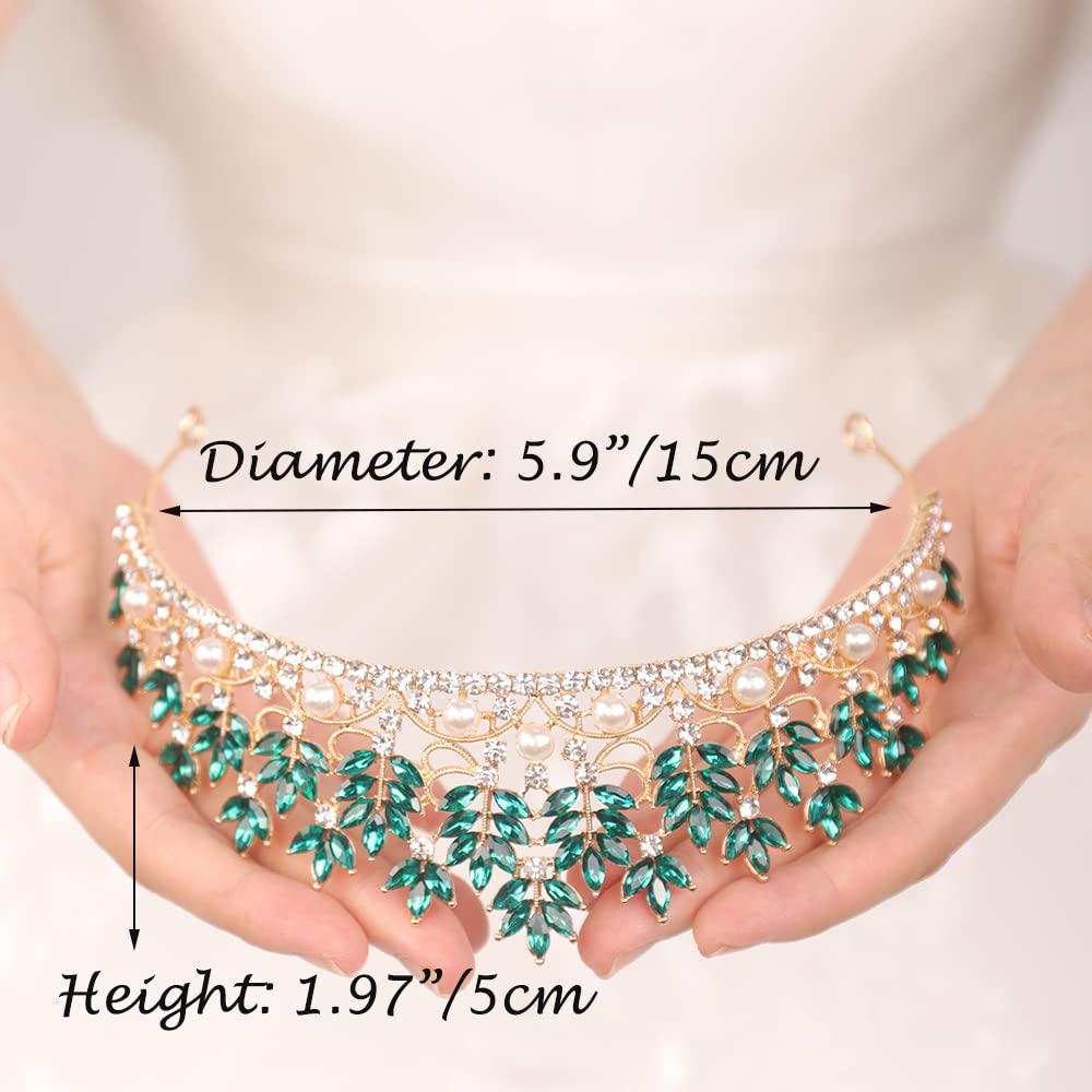 JWICOS Baroque Tiara Crown for Women Pearl Floral Queen Crown Bridal Headpieces for Brides and Bridesmaid Royal Accessories for Birthday Prom Pageant Party Gift (Emerald Green)