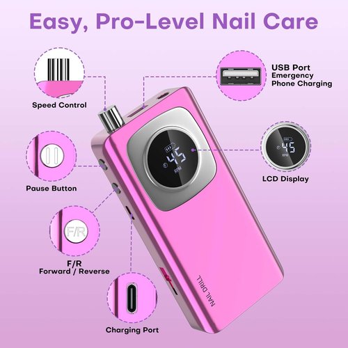 Electric Nail Drill Professional: Rechargeable Nail File with Bits for Acrylic Gel Nails, Professional Nail Drill Manicure Pedicure Polishing Shape Tools for Home Salon