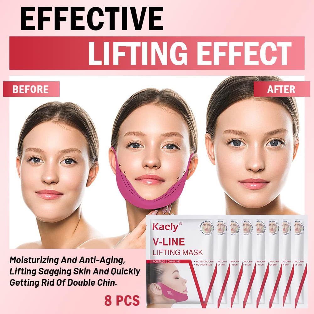 Kaely NEW 8Pcs Red V Line Lifting Mask,V Line Chin Strap,V Shaped Contouring Face Mask with Collagen,Hydrating Anti-aging,Small Size