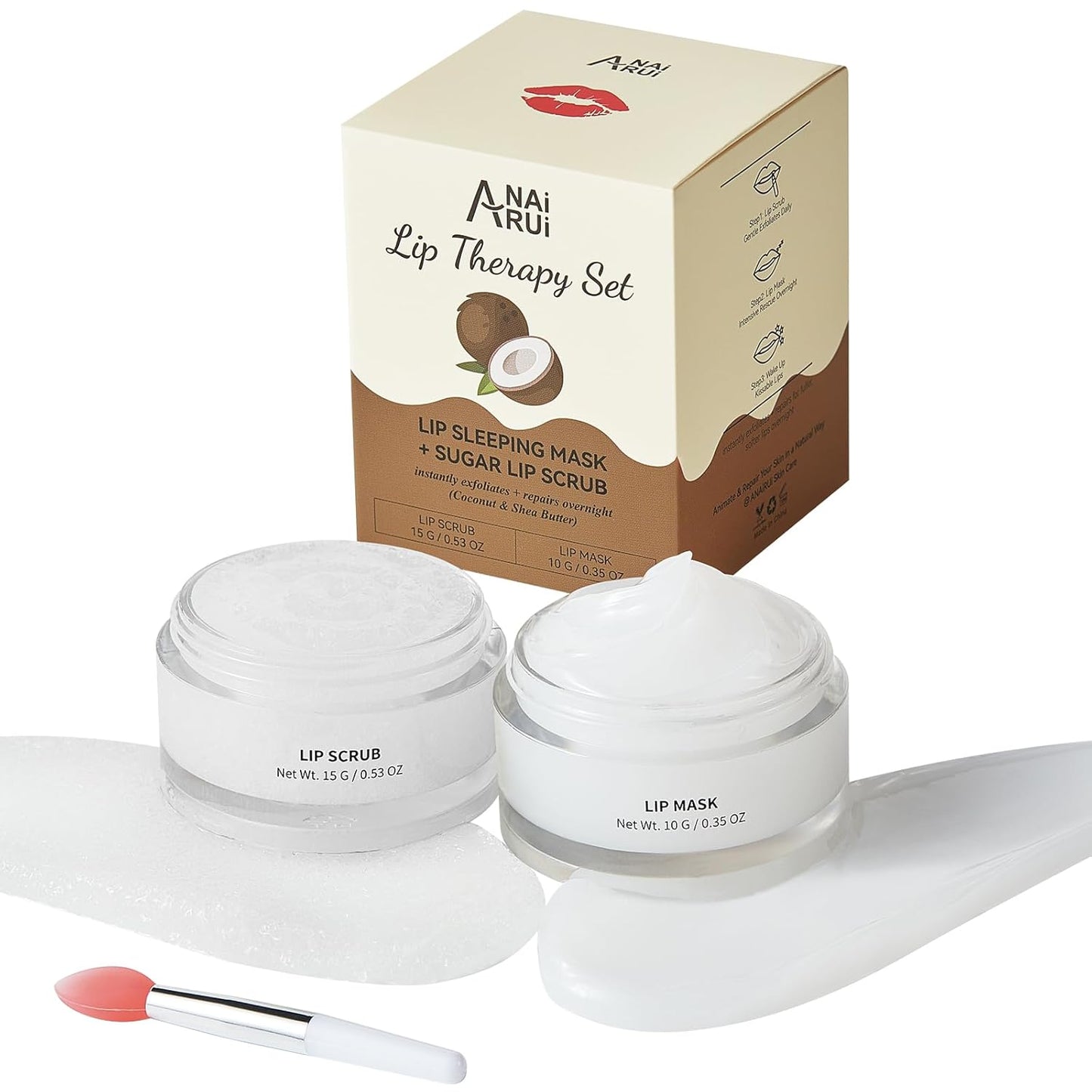 ANAI RUI Coconut Lip Scrub & Mask Set - Hydrating Exfoliator with Shea Butter & Vitamin E for Soft Lips