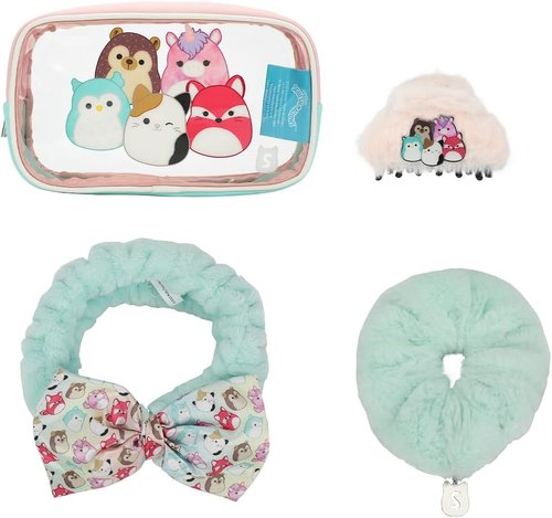 Bioworld Squishmallows Treat Yourself 4-Piece Accessory Care Kit Clear Character Design Cosmetic Storage Travel Bag Gift Set