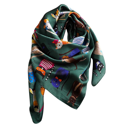 The Crafty Owl Beautiful, Elegant and Soft Animal Print/Cats Georgette Scarves/Scarfs/Shawls(Green/Cats)