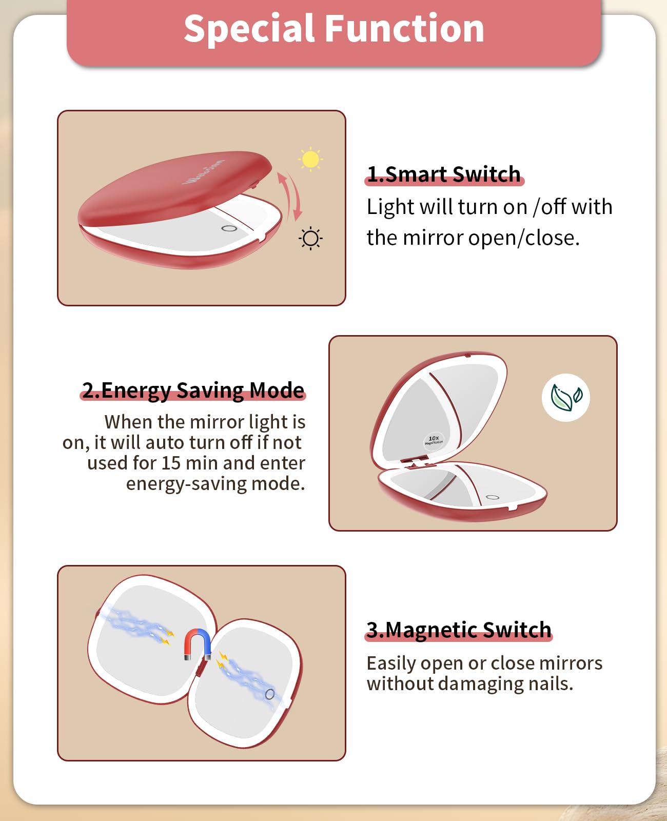 wobsion Travel Mirror with Light, Rechargeable 1x/10x Compact Magnifying Mirror, Dimmable Pocket Mirror,Handheld 2-Side Mirror with Light,4inch Travel Size,Portable for Handbag,Purse,Gift,Red