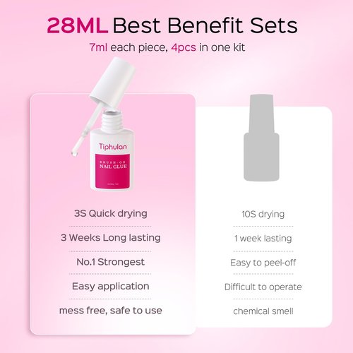 TIPHULAN 28ml Brush On Nail Glue for Press On, Acrylic Nails - Super Strong, Durable & Long-Lasting, Mess Free, Travel Friendly, 0.92 oz(4PCS)