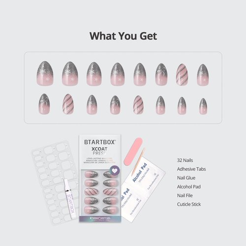 BTArtbox French Tip Press On Nails - Sparkle Bow, Lamp-Curable Short Almond Press On Nails with Glue and Adhesive Tabs for Women in 16 Sizes - 32 Soft Gel Glue On Nails Kit