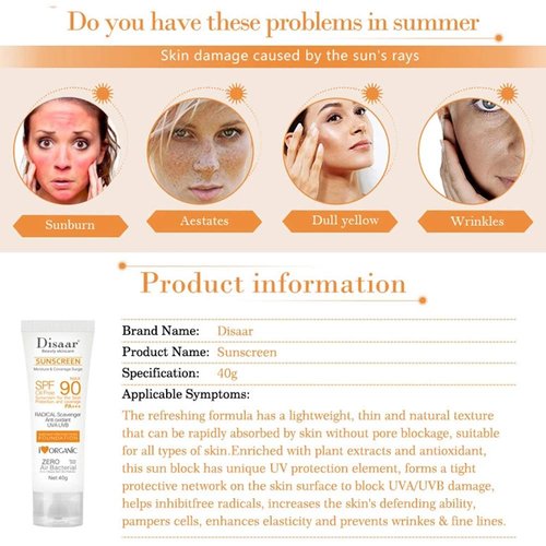 DISAAR BEAUTY Sunscreen SPF 90 - Oil-Free Sunblock with UVA/UVB Protection & Moisturizing Formula | 40g (1.41oz)