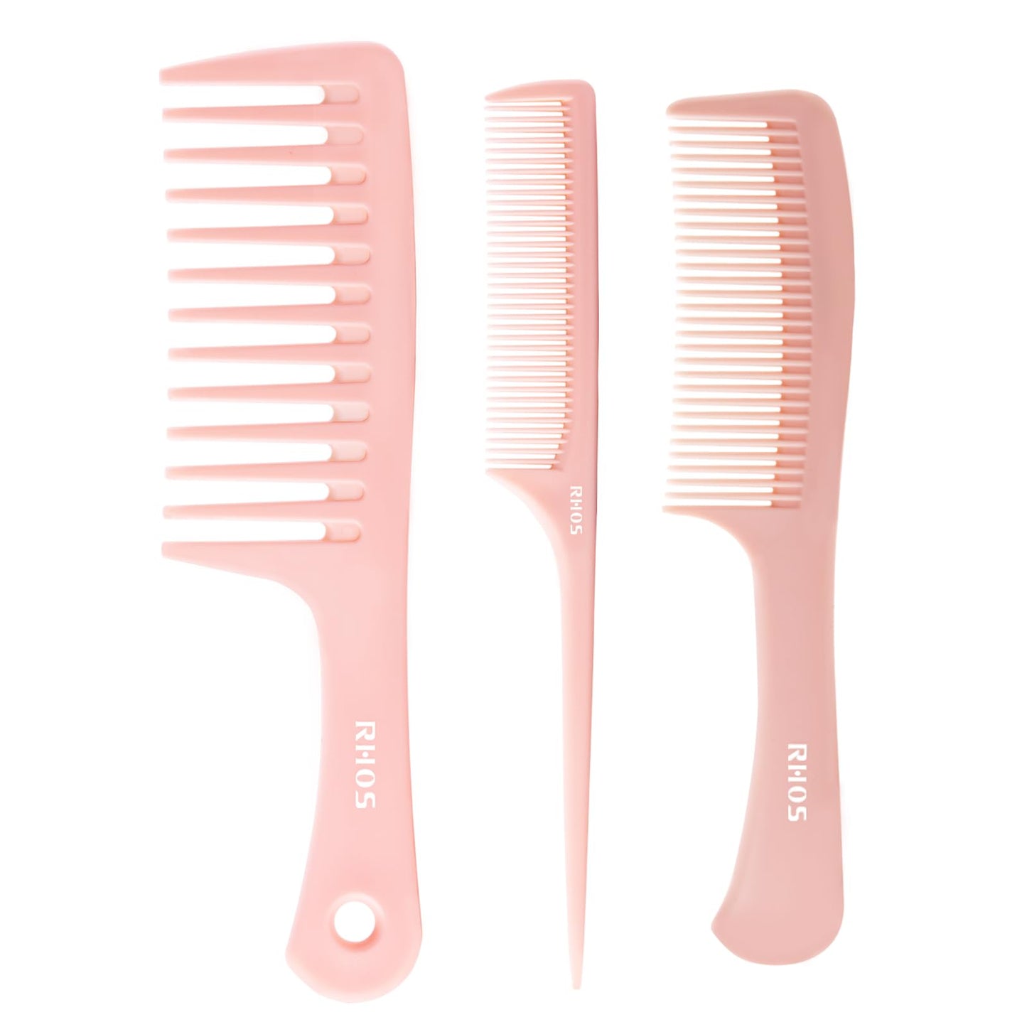 RHOS 3 Pieces Hair Comb Set for Women,Men-Wide Tooth Comb,Fine Tooth Rat Tail Comb,Medium Tooth Comb-Detangling Hair Combs for All Hair Types,Hair Styling Comb Set(Pink)