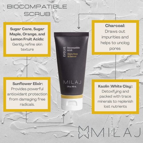 MILAJ Evolve Biocompatible Face Scrub - Charcoal & Cherry Water Exfoliator for Pore Cleansing | 2fl oz
