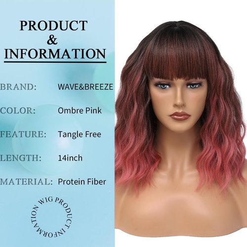 Short Pink Wigs with Bangs 14Inch Wavy Curly Bob Pastel Wig for Women Ombre Pink Shoulder Length Natural Looking Hair Replacement Wig for Daily Party Use Cosplay Costume Halloween Wig