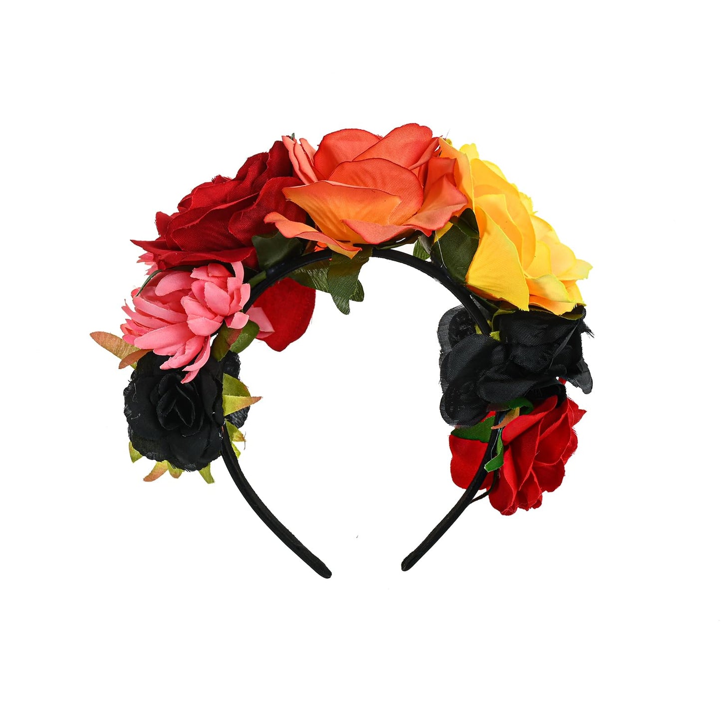 Fleursun Mexican Flower Crown Frida kahlo Headband Dia De Los Muertos Flower Crown Halloween Party Headpiece (Rose crown)