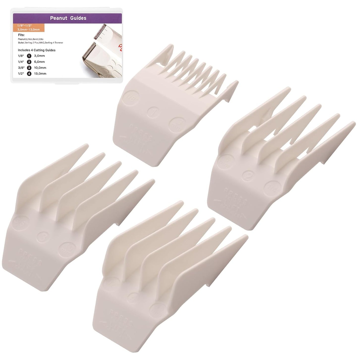 Wahl Peanut Clipper Guards Set - Professional Replacement Guides, 1/8" to 1/2", 4-Piece, White