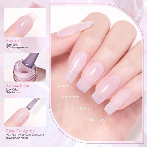 Born Pretty Jelly Gel Nail Polish,Soft Mist Pink Purple Sheer Crystal Translucent Gel Nail, Gel Polish Soak Off LED U V Nail Gel, Nail Art DIY for Home Salon Manicure 15ML
