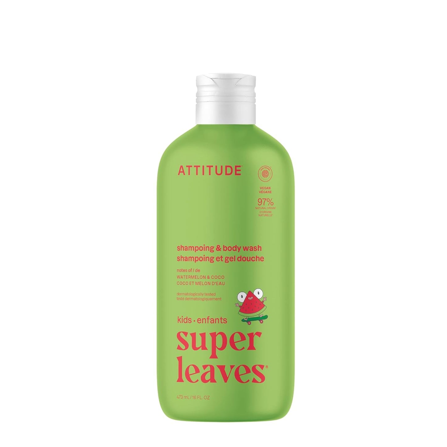 ATTITUDE Kids Shampoo & Body Wash - EWG Verified, Vegan & Cruelty-Free, Watermelon & Coco, 16 Fl Oz