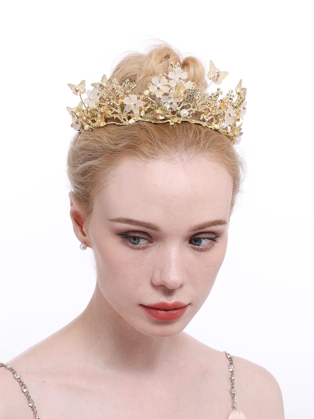 Brihasory Butterfly Queen Birthday Crowns Gold Tiaras for Bride, Crystal Royal Princess Wedding Rhinestone Headband, Costmue Party Christmas Halloween Black Prom Headpiece for Women and Girls (Gold)