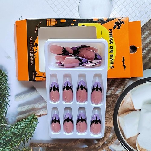 24 Pcs Halloween Press on Nails Short Almond - BHLFRH Nude Pink Acrylic Fake Nails Press ons Purple French Nail Art Tips Glue on Nails Bat Design Full Cover Glossy False Nails Stick on Nails Women