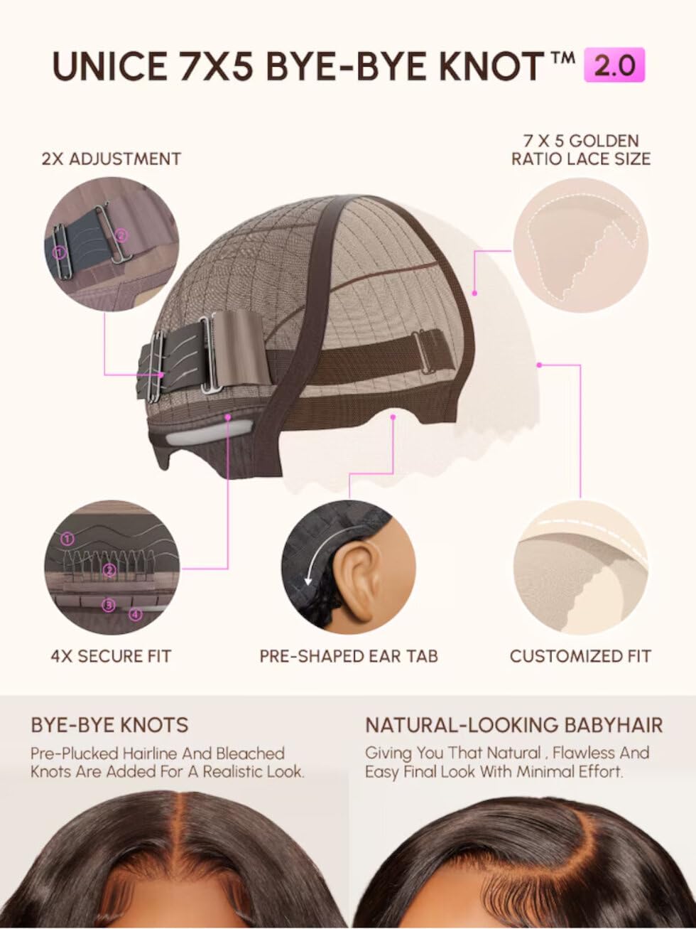 UNICE Bye Bye Knots Glueless Wig 7x5 Pre Cut Lace Front Wigs Human Hair Reddish Brown Deep Curly Invisible Knots Pre Everything Put on and Go Human Hair Wig Pre Plucked 150% Density 16inch