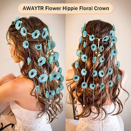 AWAYTR Boho-chic Sunflower Floral Crown Headband - Women's Hair Accessories for Festivals and Hippie Costumes (Blue)