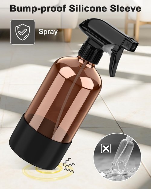 Bontip Amber Glass Spray Bottle - 16 oz Refillable with Silicone Sleeve for Cleaning & Aromatherapy (Black)