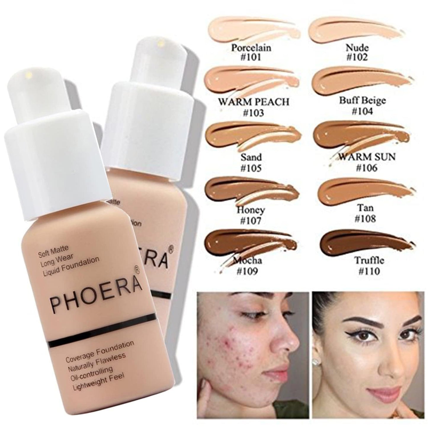 PHOERA Foundation, PHOERA Matte Liquid Foundation,PHOERA Makeup for Women, PHOERA Foundation Full Coverage Concealer, 30ml 24HR Matte Oil Control Concealer (106 - Warm Sun)