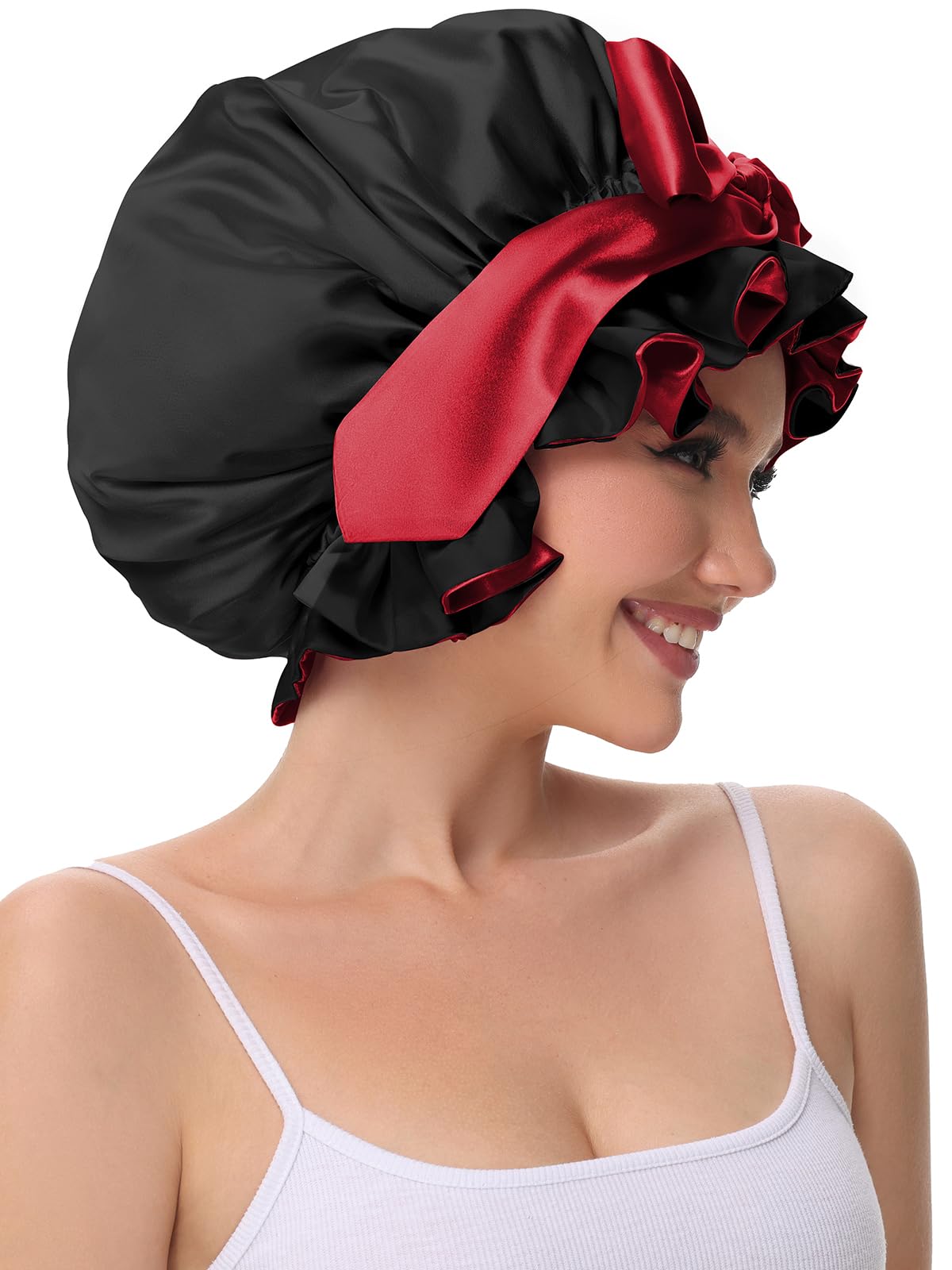 Vettres Hair Bonnet for Sleeping, Satin Silk Shower Cap Women 2025 with Tie Band and Adjustable Straps Head Wrap for Curly Hair Black F