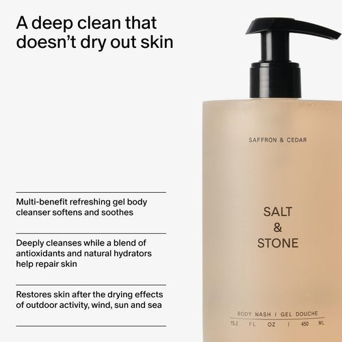 Salt & Stone Body Wash with Antioxidants for Deep Moisture | For Women & Men, Sulfate, Paraben, & Dye Free, Leaving Skin Soft and Hydrated | Saffron & Cedar 15.2 fl oz